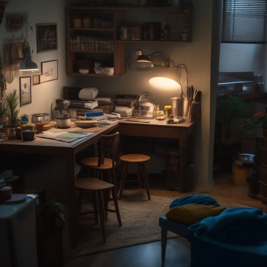 A cluttered, dimly lit tiny apartment with clothes scattered on the floor, piles of books on a small desk, and a messy kitchen counter, contrasted with a tidy, minimalist version of the same space in the background.
