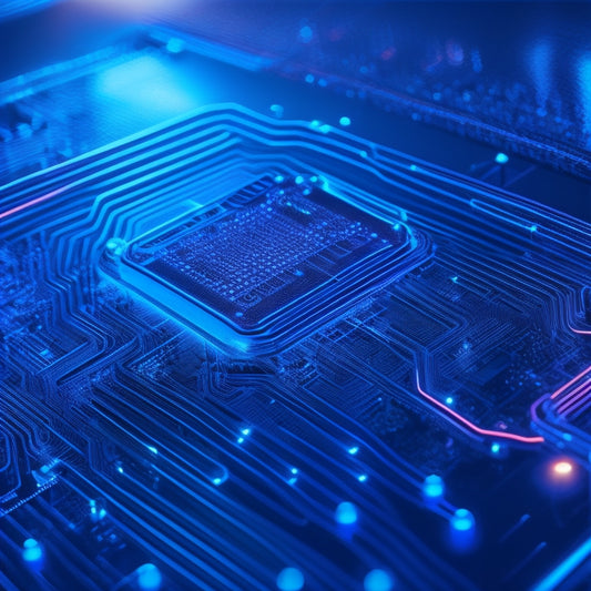 A futuristic, high-contrast illustration of a circuit board with glowing blue pathways, intricate copper wires, and sleek silver components, set against a dark, gradient background with subtle neon accents.