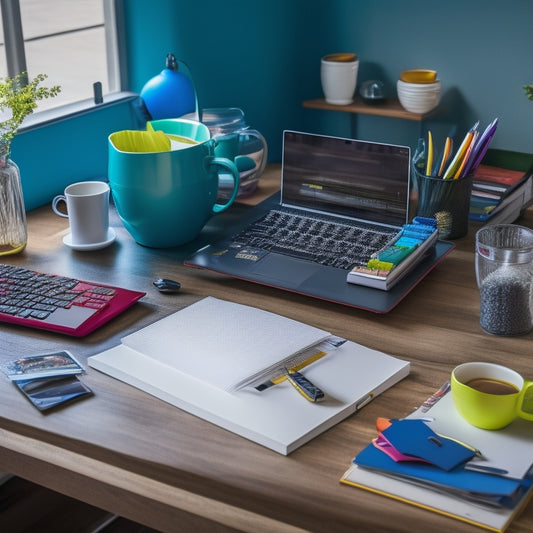 A tidy desk with a laptop, a cup of coffee, and a Lurrose file folder organizer in the center, surrounded by neatly arranged files and colorful office supplies.