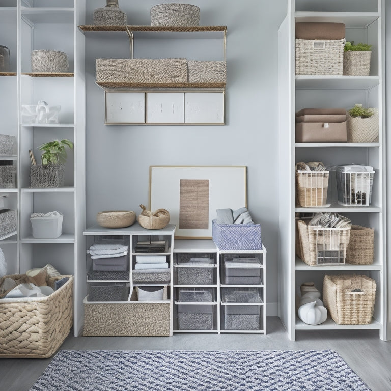 A tidy, minimalist room with a sleek, floor-to-ceiling shelving unit, containing neatly stacked, labeled storage bins, baskets, and folders, surrounded by a few, carefully chosen, decorative pieces.