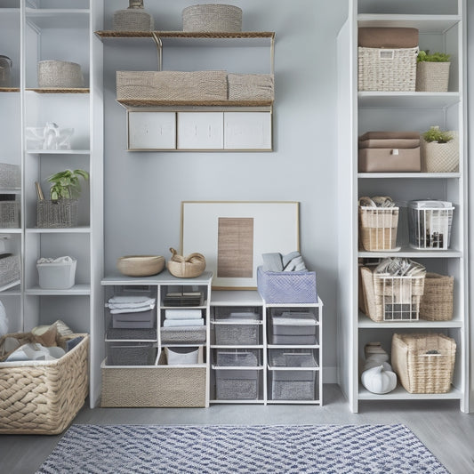 A tidy, minimalist room with a sleek, floor-to-ceiling shelving unit, containing neatly stacked, labeled storage bins, baskets, and folders, surrounded by a few, carefully chosen, decorative pieces.