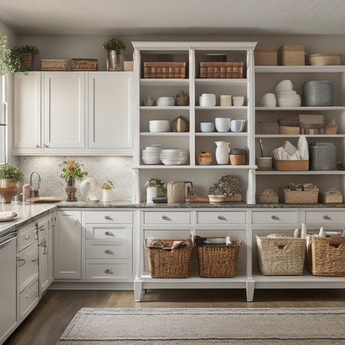 A tidy, well-organized home interior with a mix of open shelving, closed cabinets, and labeled baskets, showcasing a clutter-free living room, kitchen, and bedroom with ample storage space.