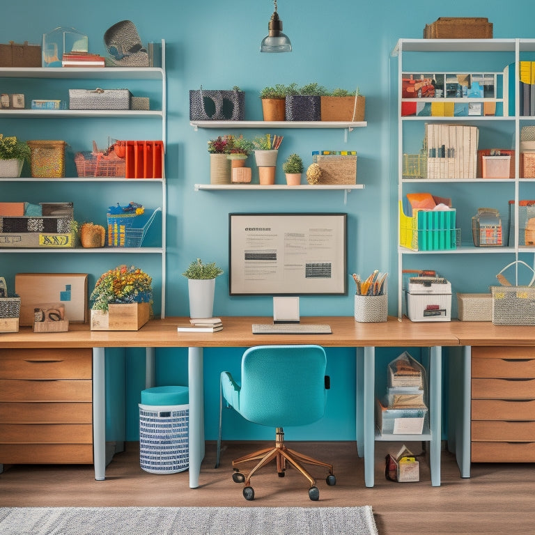 A colorful, clutter-free home office with a tidy desk, labeled storage bins, and a pegboard with organized tools, surrounded by a calm and peaceful atmosphere.