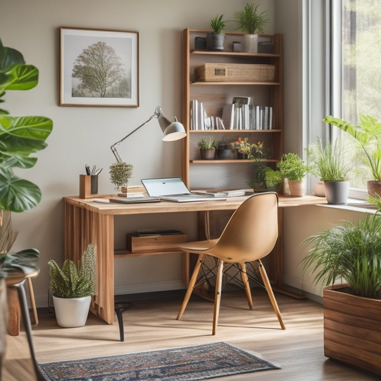 A serene home office with a minimalist wooden desk, a sleek laptop, and a few carefully placed plants, surrounded by a tidy bookshelf and a floor-to-ceiling whiteboard filled with neat, colorful notes.