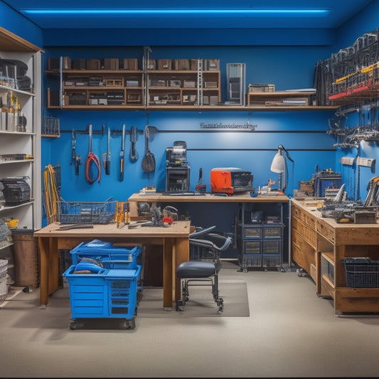 A clutter-free workshop with a premium aluminum rack system in the center, holding various tools and accessories, surrounded by organized workstations and a few contractors in the background, working efficiently.