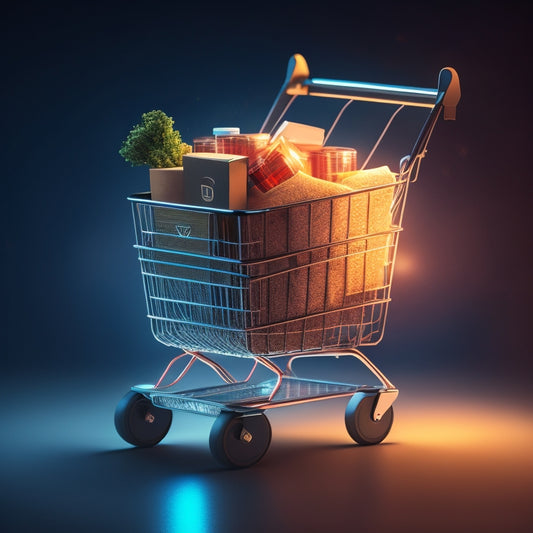 A futuristic, sleek illustration of a shopping cart overflowing with products, with wispy digital threads connecting it to a stylized Amazon S3 cube and a glowing OpenCart logo in the background.