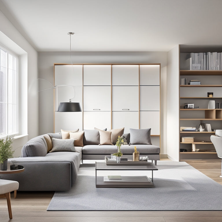 A minimalist, modern living room with a murphy bed, a compact sofa, and a nesting coffee table, surrounded by sleek, floor-to-ceiling storage units and a ladder.