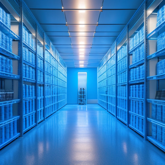 A futuristic, minimalist warehouse interior with rows of sleek, silver shelves and state-of-the-art storage units, illuminated by soft, blue LED lights and filled with neatly organized, colorful blueprint rolls.