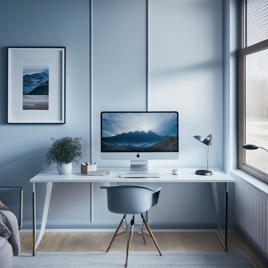 A modern, minimalist home office with a sleek computer and tidy desk, surrounded by neatly organized digital devices, with a subtle background gradient of calming blues and whites.