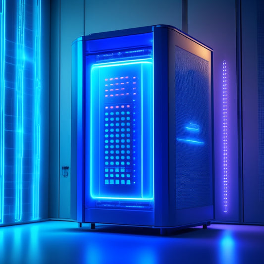 A futuristic, sleek battery storage unit with glowing blue circuits, surrounded by holographic screens displaying real-time energy graphs, set against a dark, gradient blue background with subtle, pulsing lights.