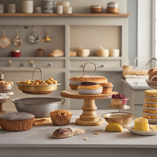 A warm, golden-lit kitchen filled with mixing bowls, baking utensils, and tiered stands displaying an assortment of colorful, expertly decorated cupcakes and artisanal breads, with a few carefully placed pastry bags.