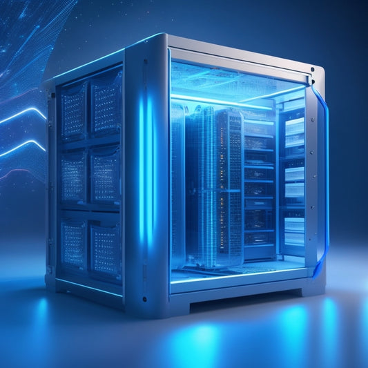 A futuristic, minimalist illustration featuring a sleek, silver storage unit with glowing blue circuits, surrounded by orbiting files and folders, connected by sparkling digital threads.