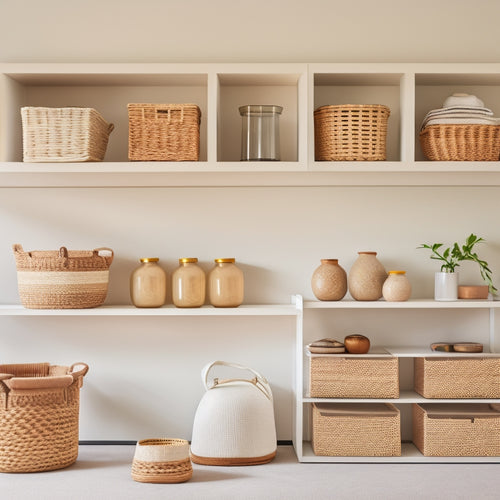 A serene, well-organized home interior with a minimalist aesthetic, featuring a combination of sleek shelves, woven baskets, and transparent storage bins, set against a calming white and wood tone backdrop.