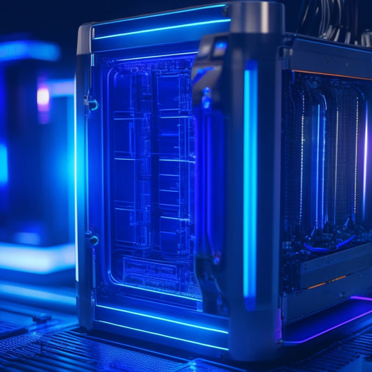 A futuristic, metallic battery pack with glowing blue accents, surrounded by sleek, silver machinery, amidst a dark, neon-lit background with subtle, pulsing circuitry patterns.