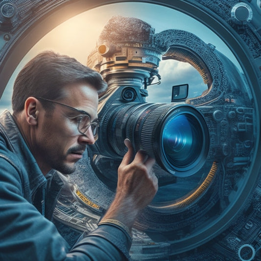 A stylized, futuristic illustration of a photographer surrounded by orbiting camera lenses, gears, and coding windows, with a subtle Canon logo embedded in the background, conveying innovation and digital harmony.