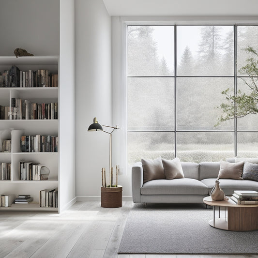 A serene, minimalist living room with a few, carefully selected books on a sleek, low-profile shelf, surrounded by plenty of negative space and soft, natural light filtering through a large window.