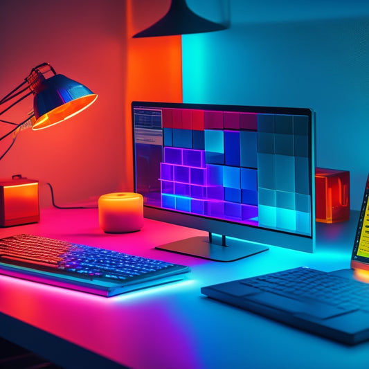A futuristic, minimalist desk with a sleek laptop, surrounded by organized digital files projected as colorful, glowing cubes, connected by thin lines, radiating from the laptop's screen.