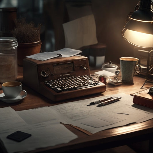 A cluttered desk with scattered notes, pens, and a partially crumpled cheat sheet, surrounded by empty coffee cups and a worn-out calculator, illuminated by a single, dim desk lamp.