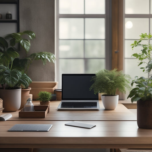 A serene, minimalist workspace with a wooden desk, a closed laptop, and a few neatly labeled folders, surrounded by a few potted plants and a subtle, calming background.