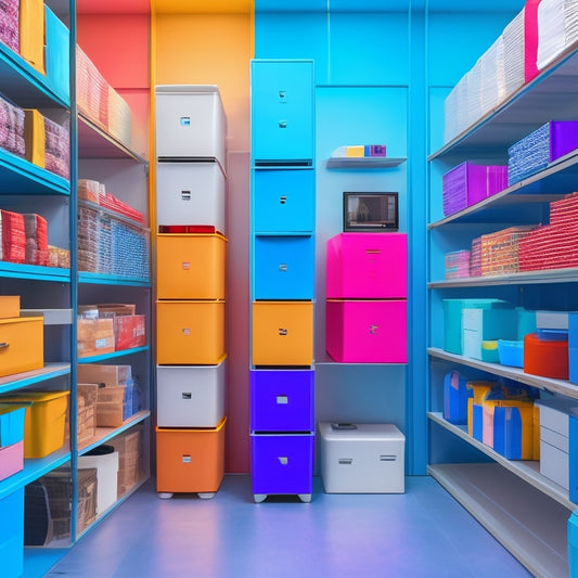A colorful, modern illustration of a smartphone screen displaying a self-storage unit's digital inventory, with colorful boxes and items organized into tidy virtual shelves and categories.