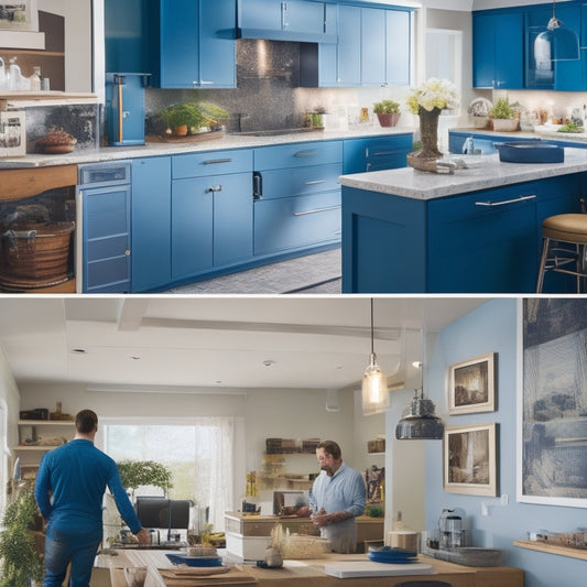 A split-screen image featuring a sleek, modern kitchen with gleaming blueprints and a satisfied homeowner in the background, alongside a cluttered workspace with scattered blueprints and a frustrated contractor.