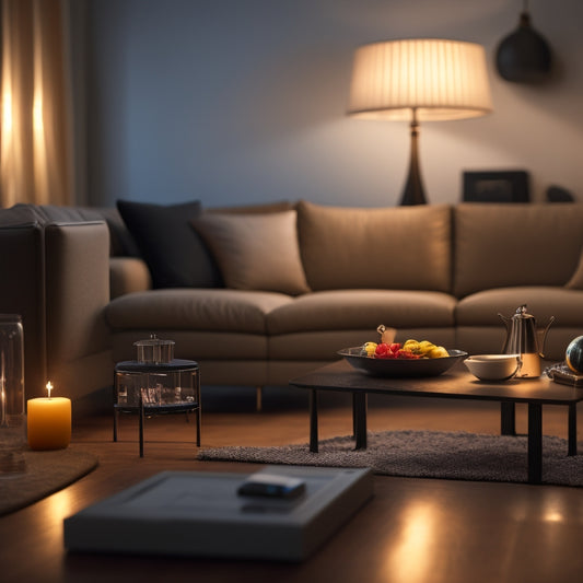 A modern living room with a DURACELL Power Pack prominently displayed on a coffee table, surrounded by dimmed lamps and electronic devices, with a subtle glow of energy efficiency.