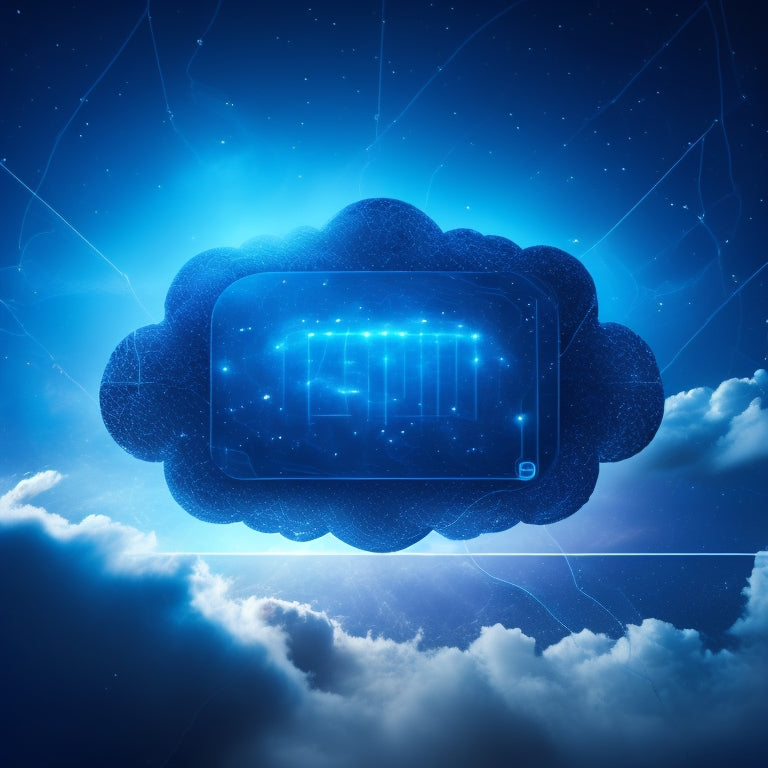 A futuristic, minimalist illustration featuring a stylized, glowing blue neural network surrounded by swirling clouds of 1s and 0s, with various digital assets (images, videos, files) orbiting around it.