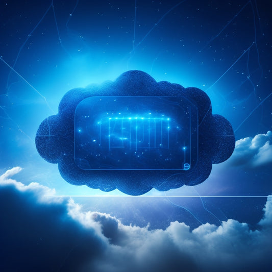 A futuristic, minimalist illustration featuring a stylized, glowing blue neural network surrounded by swirling clouds of 1s and 0s, with various digital assets (images, videos, files) orbiting around it.
