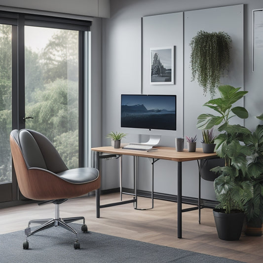 A modern, sleek, and minimalist workspace with a large, curved screen displaying a digital filing system, surrounded by a few neatly organized office chairs and a small, thriving potted plant.