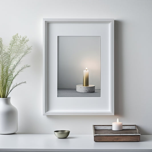 A serene, minimalist room with a few, carefully curated objects, including a small potted plant, a candle, and a single, framed photograph, set against a calm, creamy-white background.