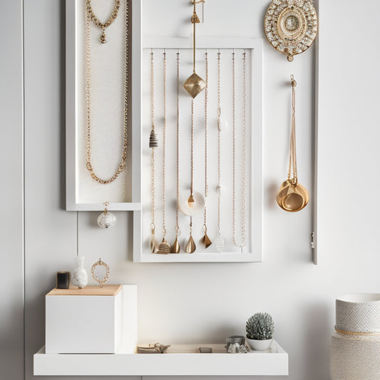 A stylish, minimalist room with a large, white wall featuring a beautifully arranged jewelry organizer made from reclaimed wood and adorned with gleaming metal hooks, velvet-lined trays, and a few scattered pieces of elegant jewelry.