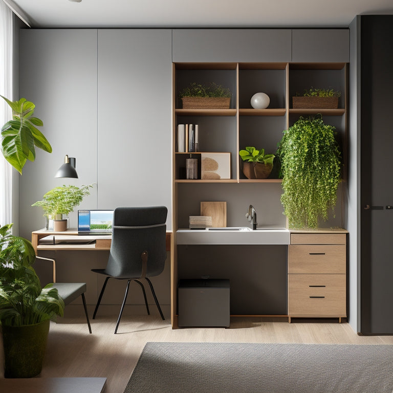 A clutter-free, minimalist city apartment with a murphy bed, a foldable desk, and a vertical garden on the wall, surrounded by sleek, multi-functional furniture and clever storage solutions.