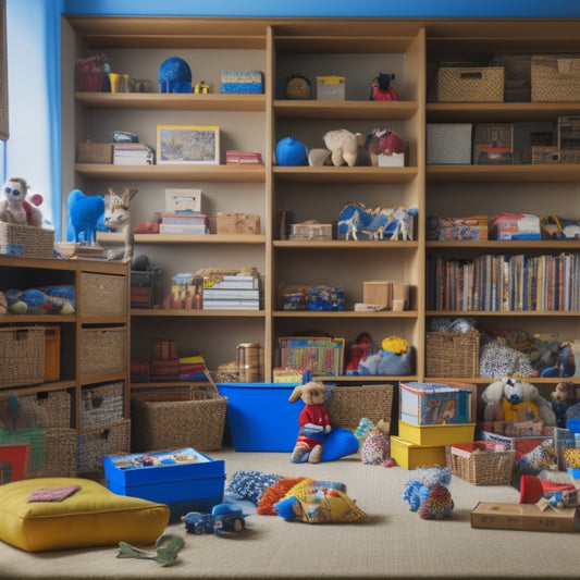 A cluttered living room with overflowing shelves, scattered toys, and stacked boxes, contrasted with a tidy, organized area featuring affordable storage bins and shelves in the background.
