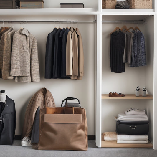 A tidy, minimalist closet with a laptop on a shelf, surrounded by neatly organized clothes, shoes, and accessories, with a subtle grid pattern on the wall in the background.