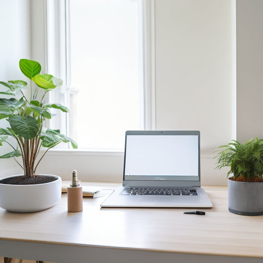 A minimalist home office with a sleek laptop, a small potted plant, and a few organized folders on a tidy desk, surrounded by a calm and serene white background.