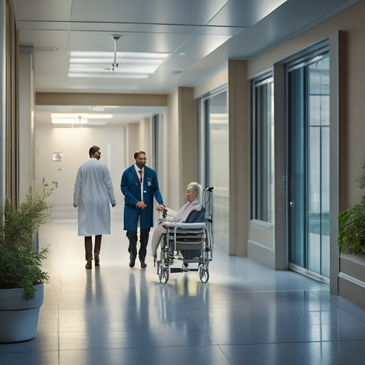 A serene hospital corridor with a healthcare professional gently guiding a patient in a wheelchair, surrounded by subtle hints of technology and medical equipment in the background.