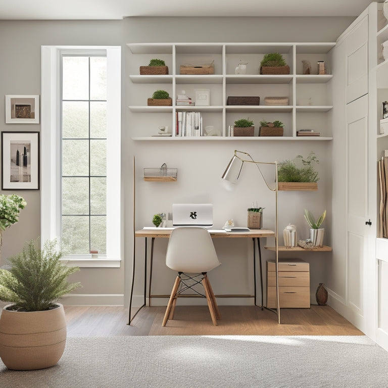 A clutter-free small home office with a sleek, wall-mounted desk, a minimalist chair, and a floor-to-ceiling storage unit with sliding doors, showcasing organized shelves and baskets.