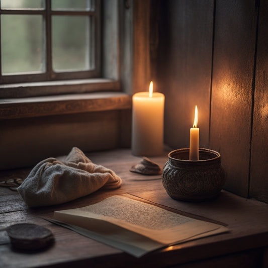 A serene, candlelit room with a cracked, worn-out door slightly ajar, revealing a faint light, symbolizing hope and escape, surrounded by scattered, torn pages and broken chains.