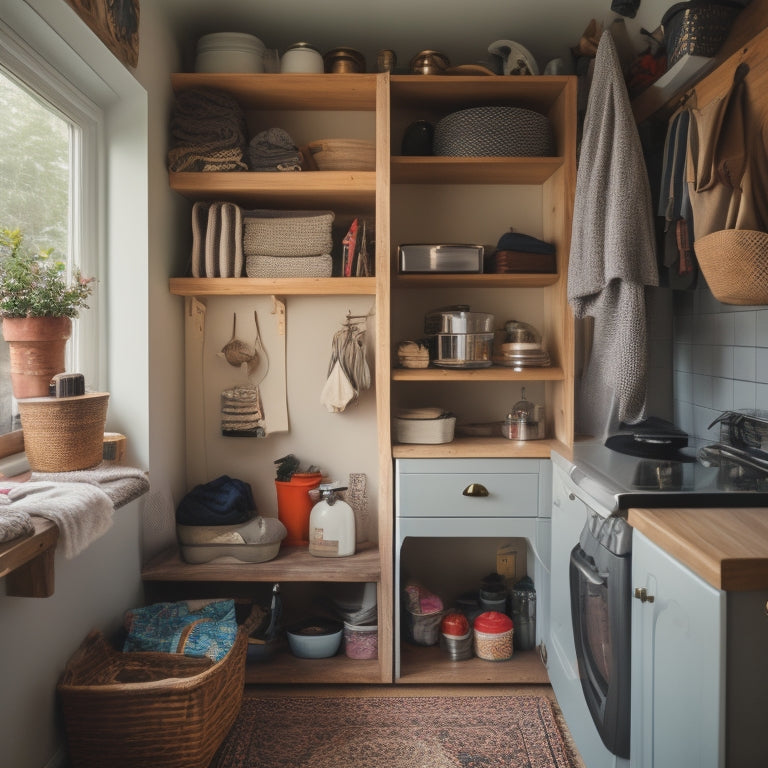 A cluttered tiny house interior with overflowing shelves, messy countertops, and clothes spilling out of a small closet, contrasted with a serene, organized, and minimalist adjacent space featuring clever storage solutions.