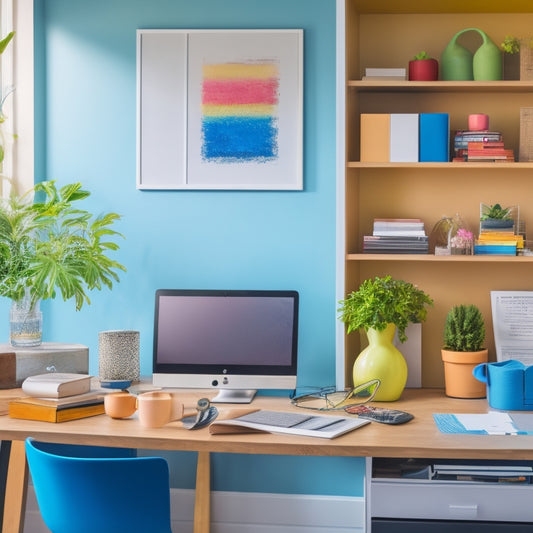 A tidy, modern home office with a laptop open on a desk, surrounded by organized files, colorful sticky notes, and a few minimalist decorative items, set against a soft, calming background.
