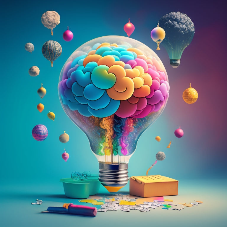 A stylized illustration of a brain with colorful, swirling clouds and lightbulbs bursting out, surrounded by scattered idea bubbles, diagrams, and puzzle pieces, with a subtle background of a digital mind map.