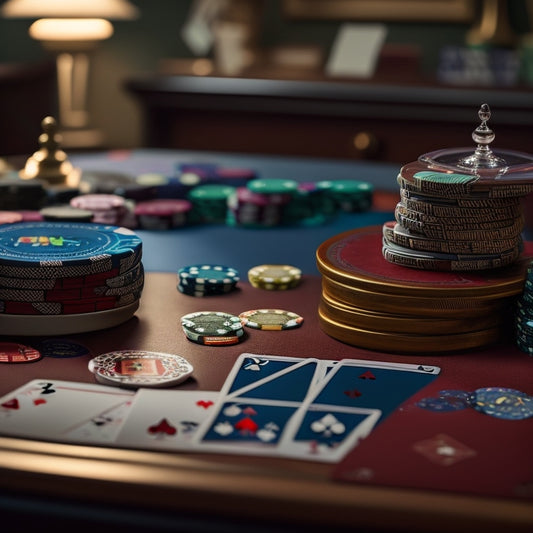 A neat, organized desk with a deck of cards and several spare cards fanned out, surrounded by poker chips, a miniature trophy, and a subtle background of a casino or poker table.