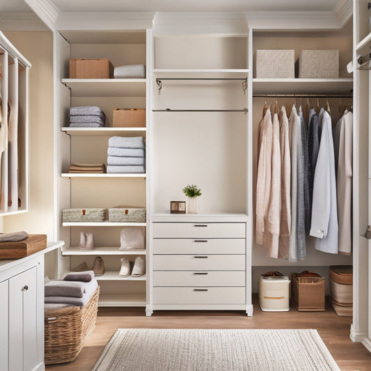 A tidy closet interior with floor-to-ceiling shelves, double rods, and stacked storage bins in a soothing color palette, illuminated by soft natural light filtering through a window.
