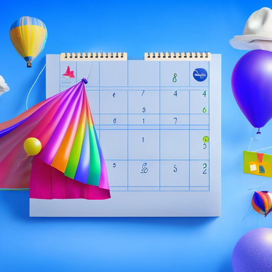 A stylized illustration of a superhero cape flowing behind a calendar or planner, with colorful event icons (e.g. cake, music notes, balloons) and sleek, modern lines, set against a bright blue background.