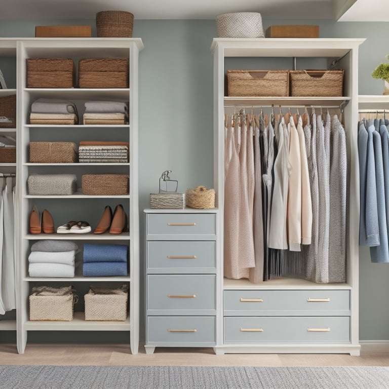 A serene, well-organized closet interior with a mix of shelves, rods, and drawers, featuring a prominent shoe rack, woven baskets, and a few neatly hung garments in a calming color palette.