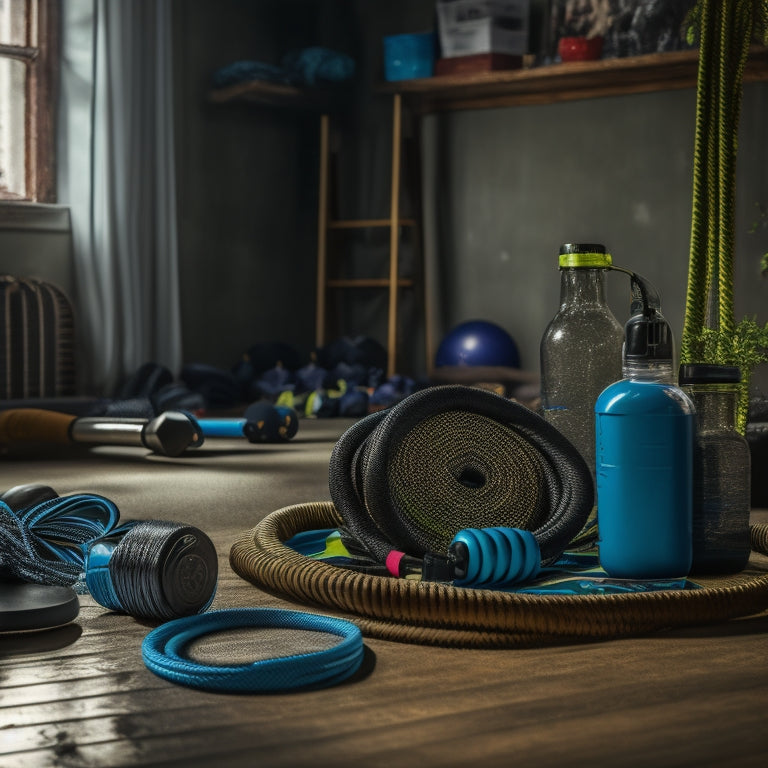A cluttered home gym with tangled jump ropes, dusty weights, and a broken treadmill in the background, surrounded by scattered exercise mats and a fallen water bottle.