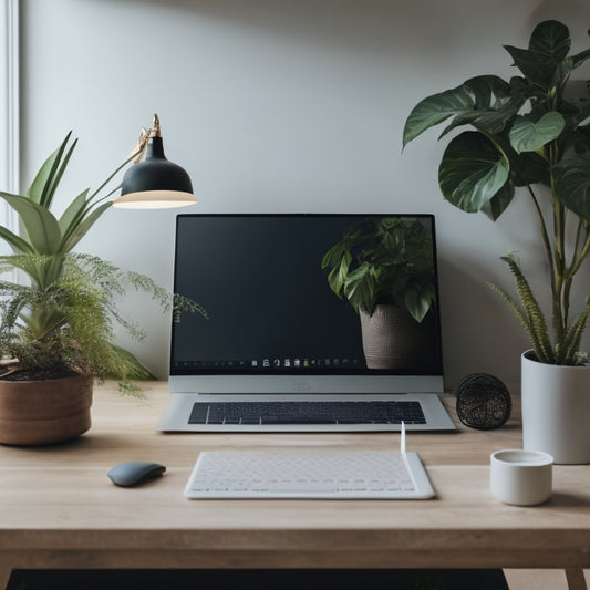 A serene, minimalist background with a laptop open on a clutter-free desk, surrounded by few, carefully placed organization tools and a calming green plant, evoking a sense of peaceful productivity.
