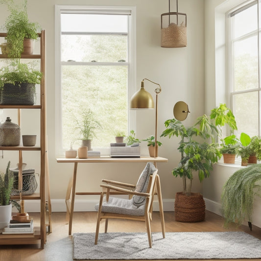 A clutter-free, minimalist room with a murphy desk, a storage ottoman, and a ladder bookshelf, surrounded by neatly organized tiny decorative items and plants, with a soft, natural light filtering in.