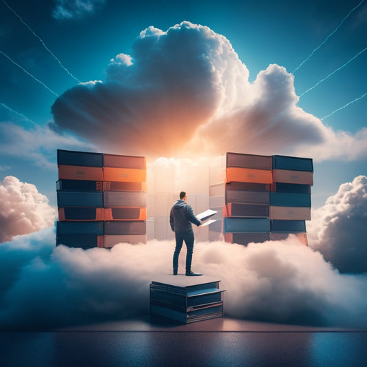 A futuristic illustration of a person standing in front of a massive, glowing cloud, surrounded by organized files and folders floating in mid-air, with sleek, modern devices connected via wires.