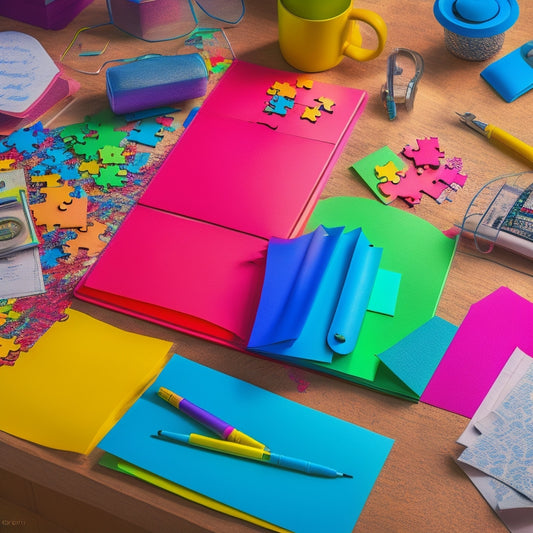 A vibrant, clutter-free workspace with colorful folders, pens, and sticky notes organized on a desk, surrounded by a subtle background of swirling brain waves and scattered puzzle pieces.